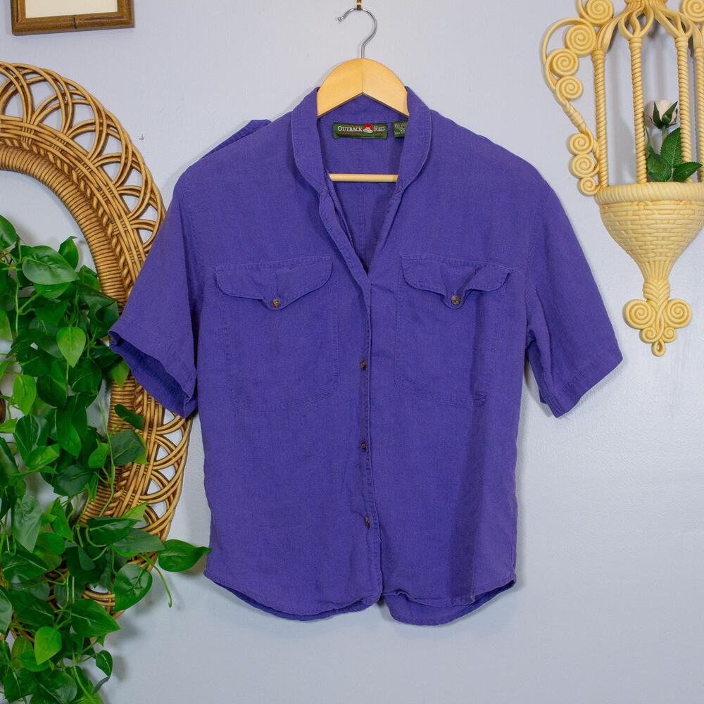 VTG Purple Chest Pocket Button Shirt Short Sleeve Safari Utility Bright Spring